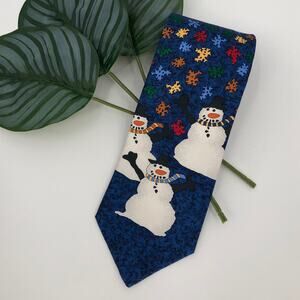 Save The Children Blue White Snowman Frosty Snow Holiday Novelty Silk Neck Tie